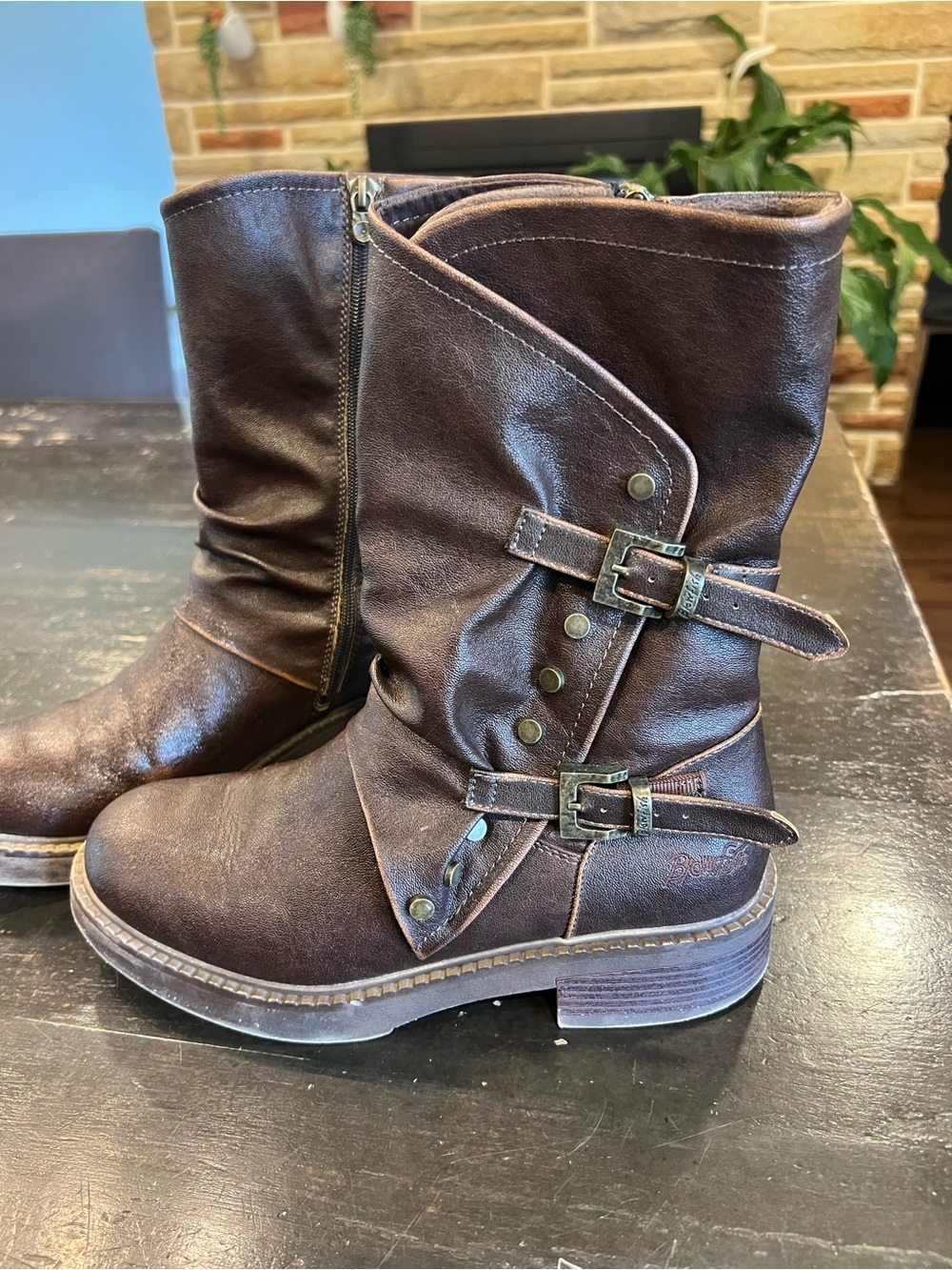 Blowfish Brown Mid-Calf Buckle Heeled Boots